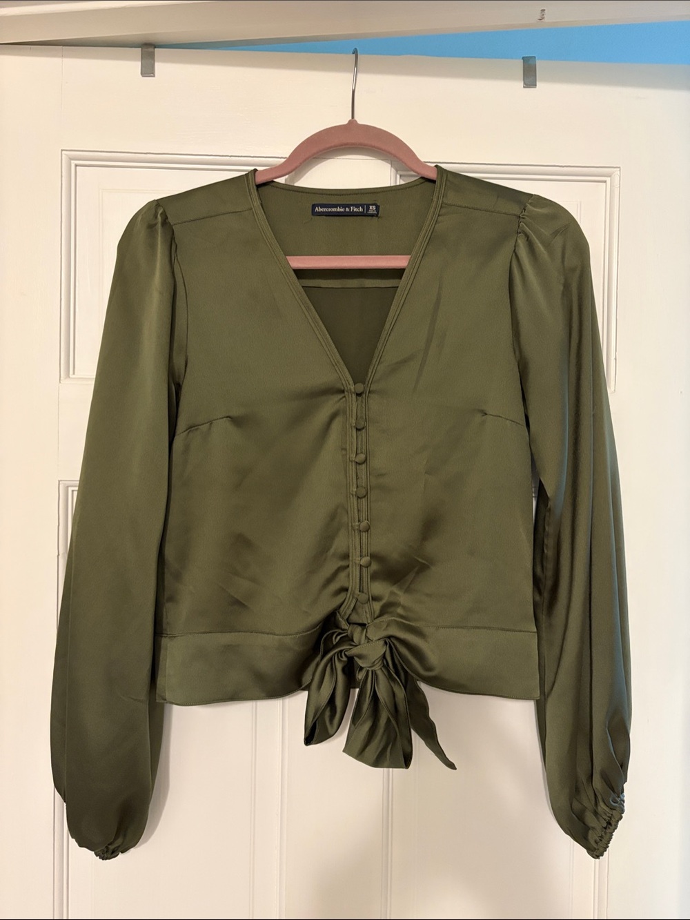Abercrombie & Fitch Olive Satin Tie-front Blouse